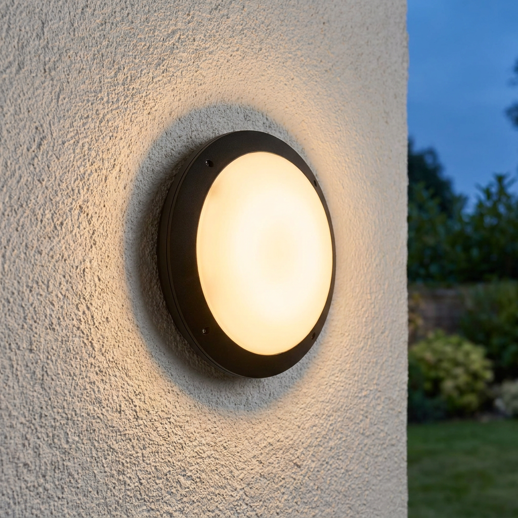 Illuminated Seran black round bulkhead light mounted on a textured white exterior wall at twilight.
