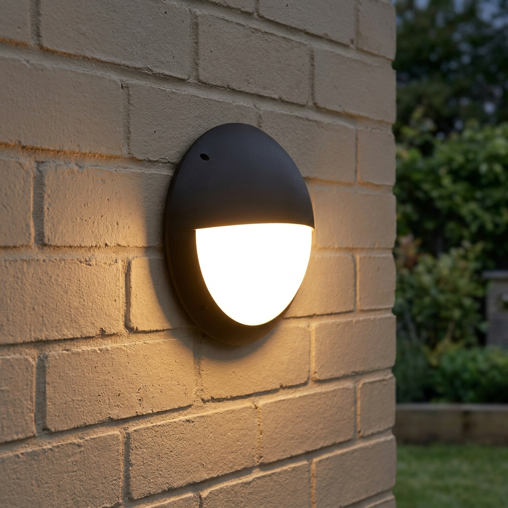 Black eyelid outdoor bulkhead light glowing warmly on a beige brick wall in a garden setting.