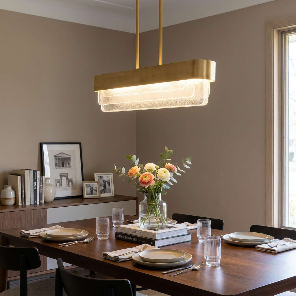 Serene LED Brass Chandelier with tiered glass panels hanging over a set wooden dining table in a neutral room.