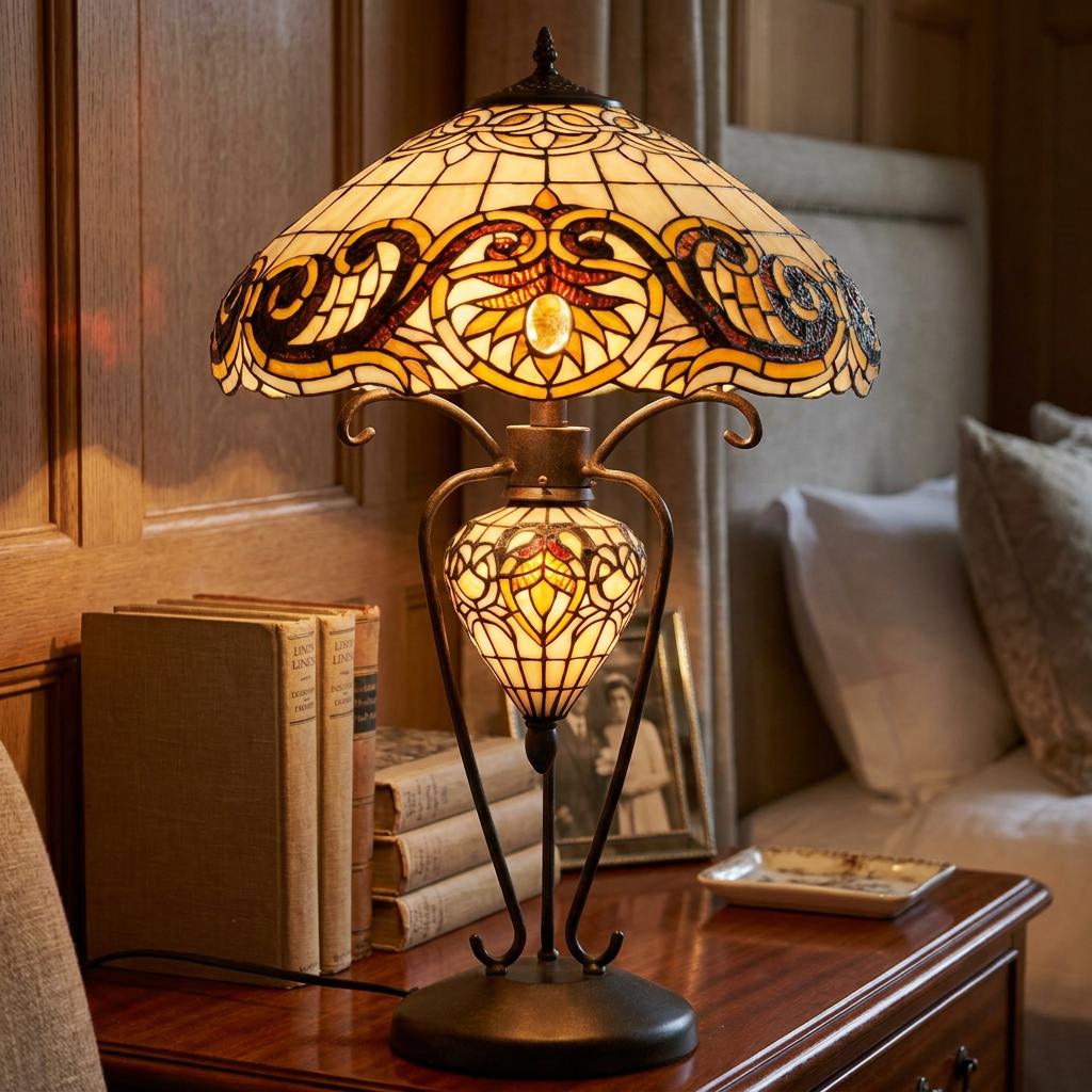 Shaftesbury Tiffany table lamp with an ornate stained glass shade and lit base on a wooden bedside table with books.