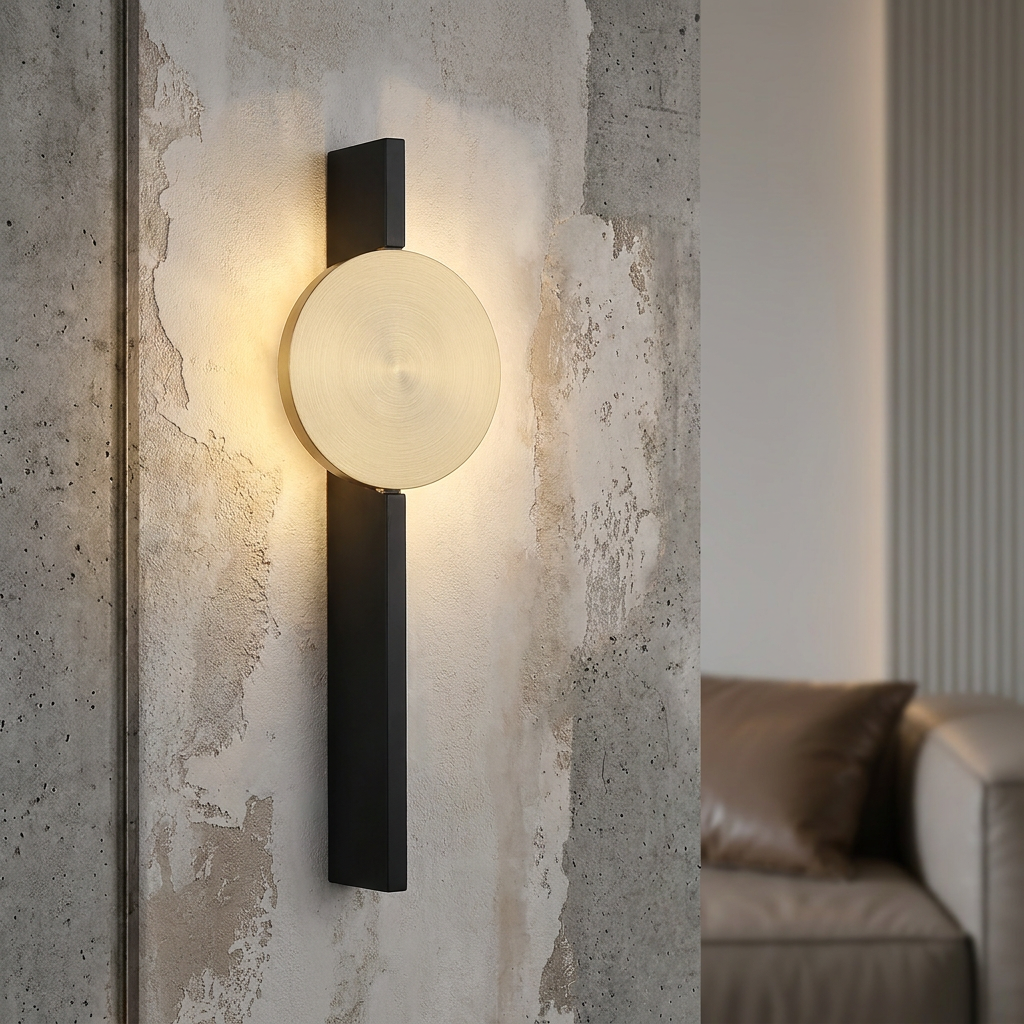 Modern black and gold LED wall light with a glowing circular disk mounted on a rustic concrete wall.