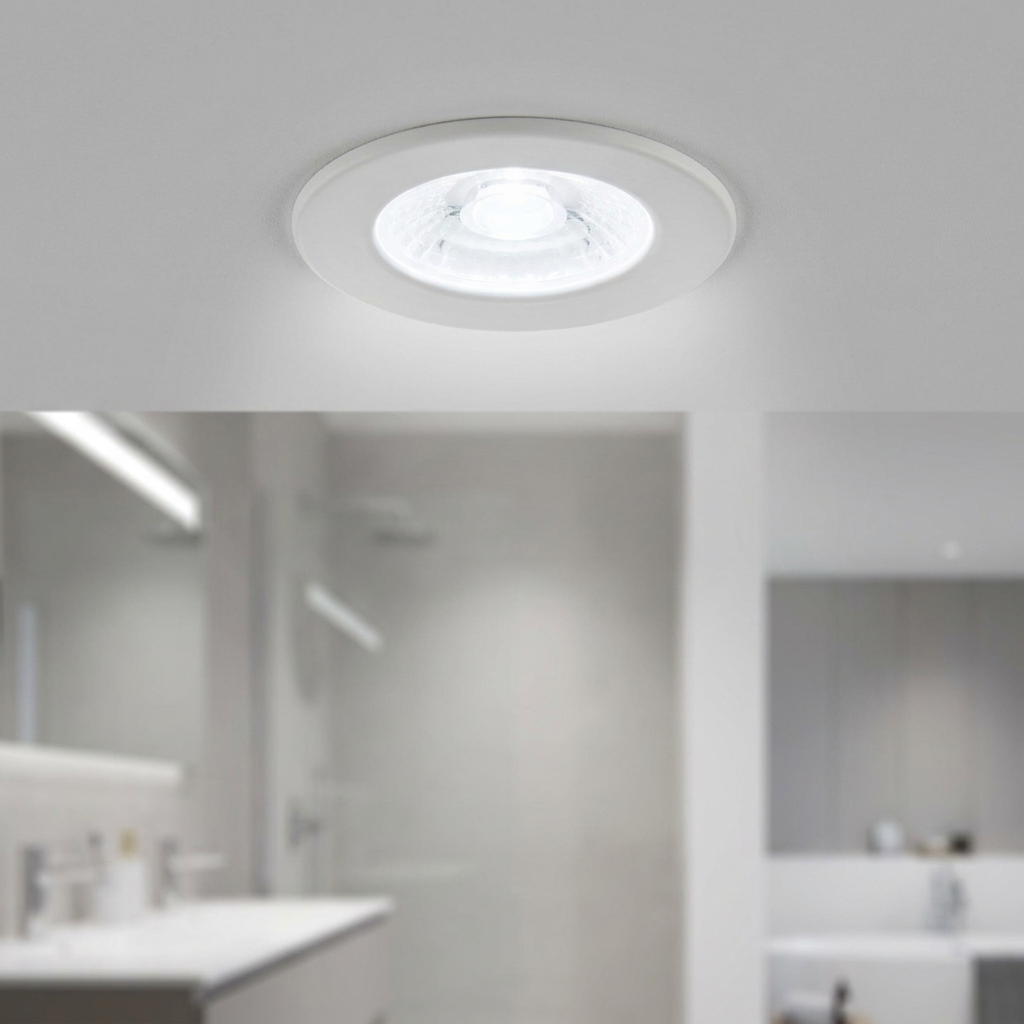 Circular white recessed downlight shining cool light above a blurred modern bathroom interior.
