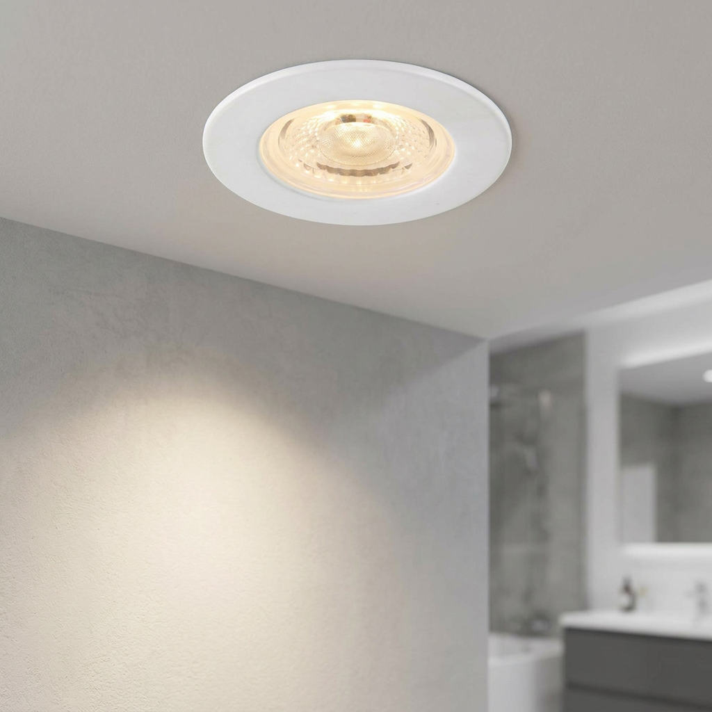 White round recessed downlight illuminating a wall from a ceiling in a modern bathroom.