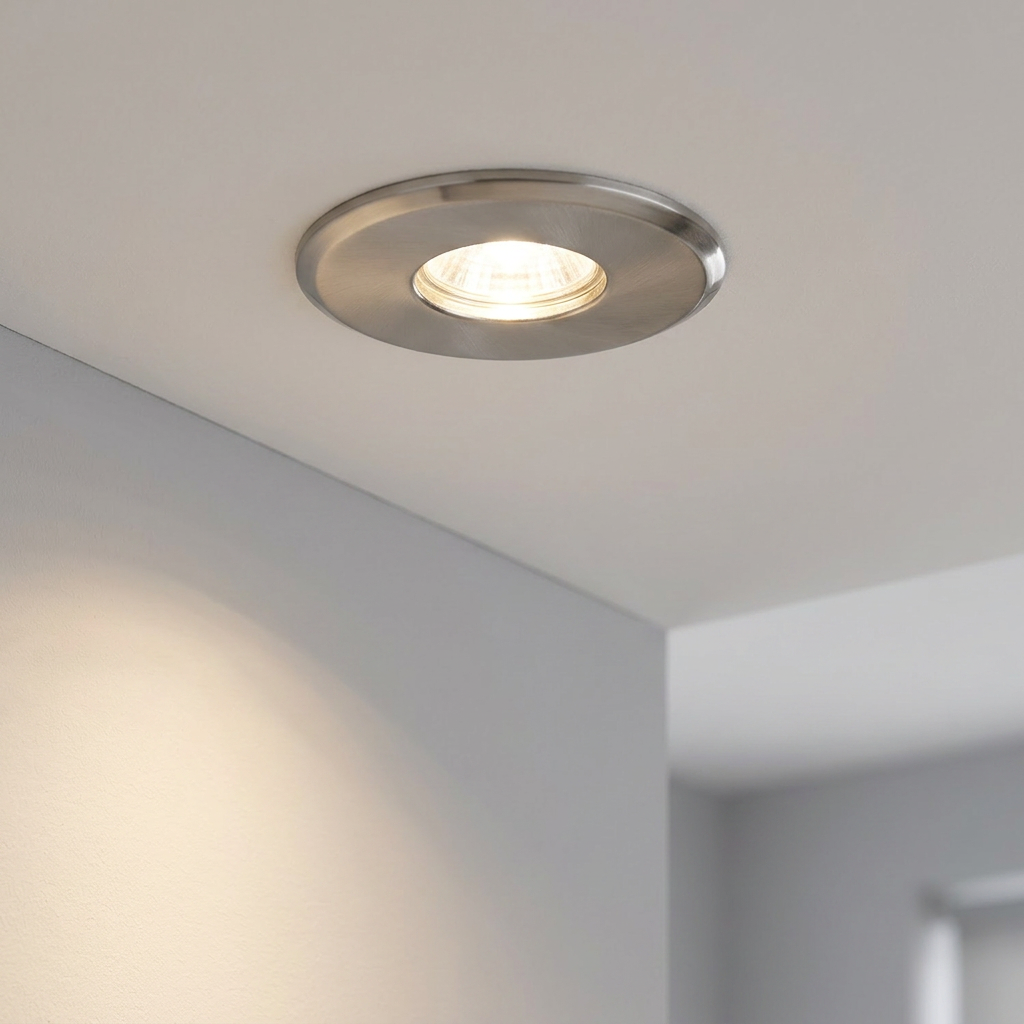 Illuminated brushed nickel recessed downlight installed in a white ceiling.