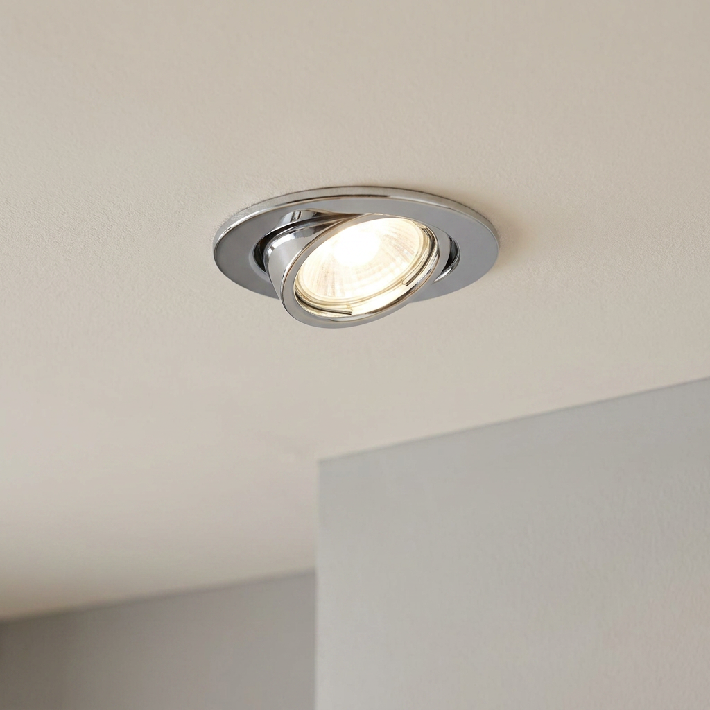 A polished chrome recessed spotlight tilted to emit warm light from a neutral-colored ceiling.