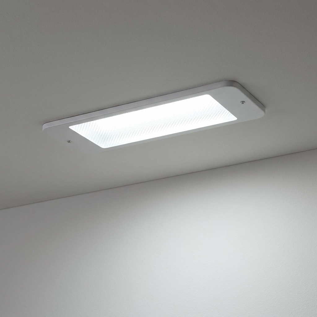 White rectangular recessed LED emergency light illuminated on a ceiling.