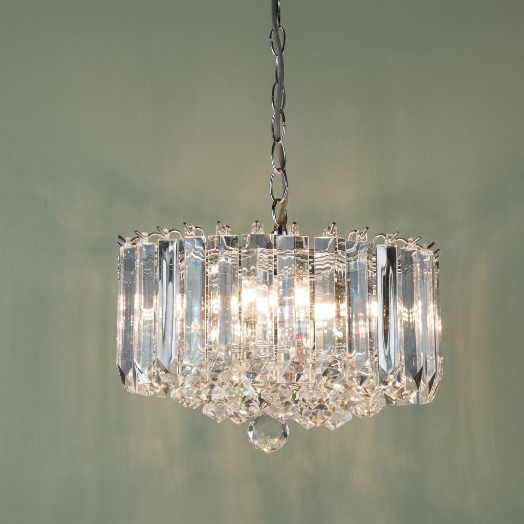 Sigma 4 light chrome and acrylic pendant ceiling light with clear rectangular prisms and a crystal drop.