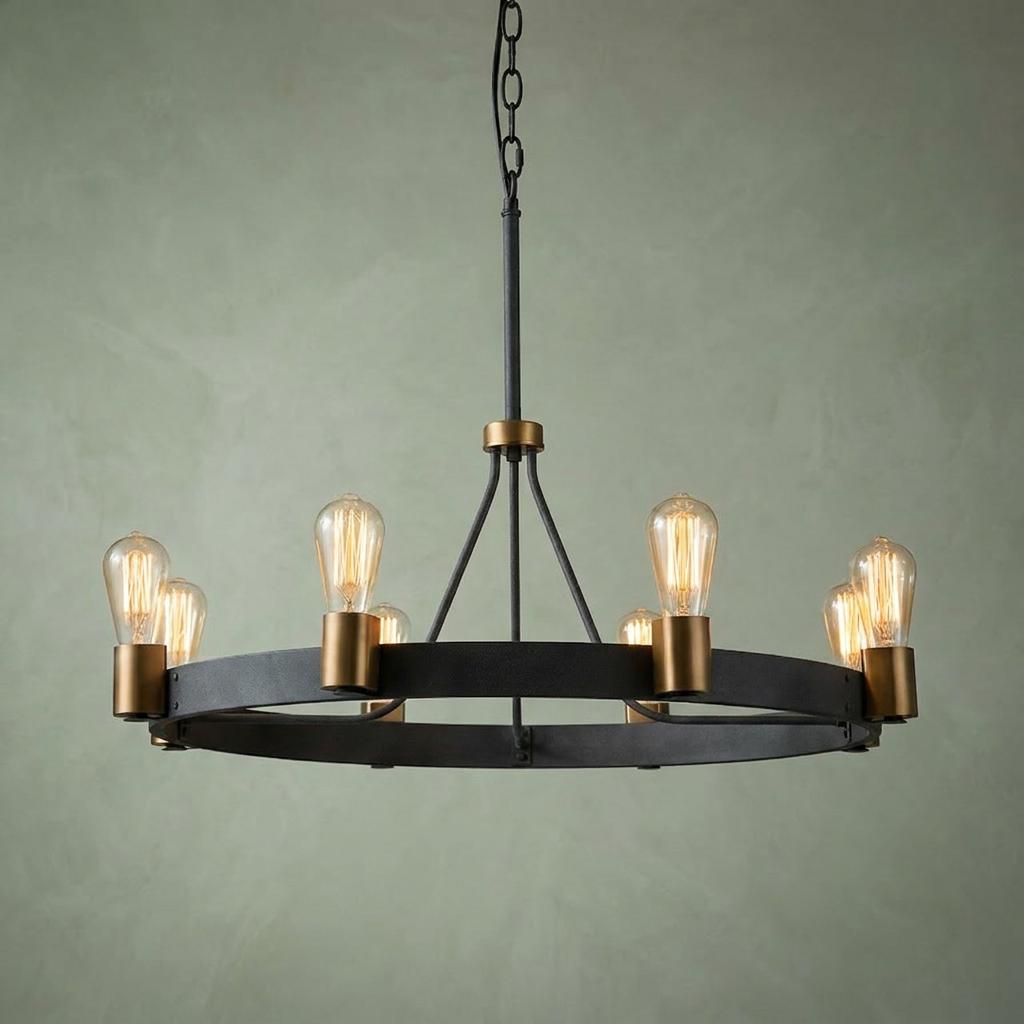 Silas 8-light pendant with a black circular frame and brass bulb sockets hanging against a textured green wall.