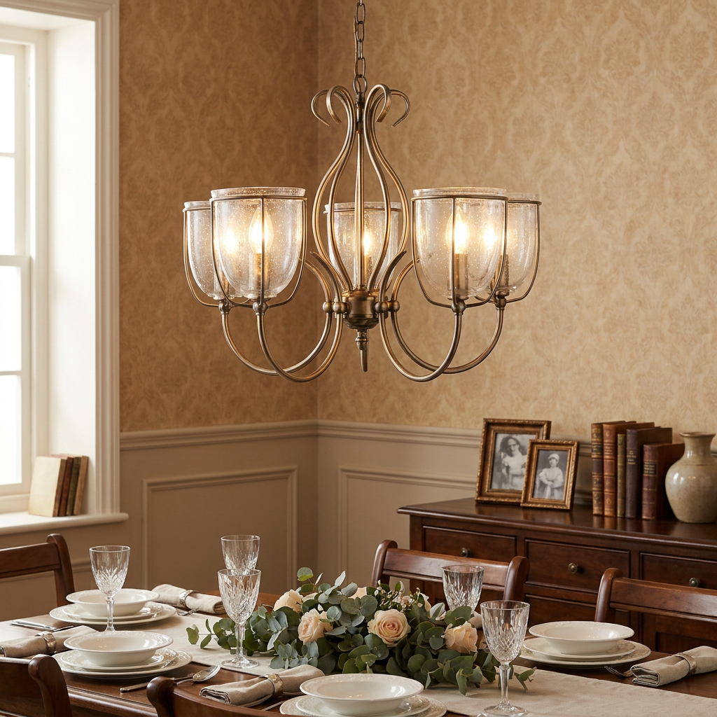 Brass five-light pendant with seeded glass shades hanging over a dining table in a traditional room.