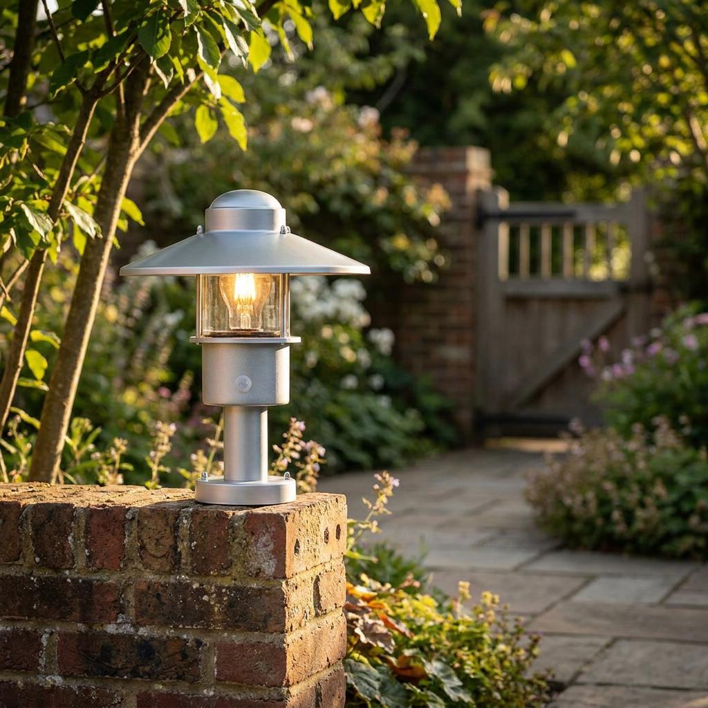 Silver industrial-style pedestal light glowing on a brick wall in a lush garden setting.