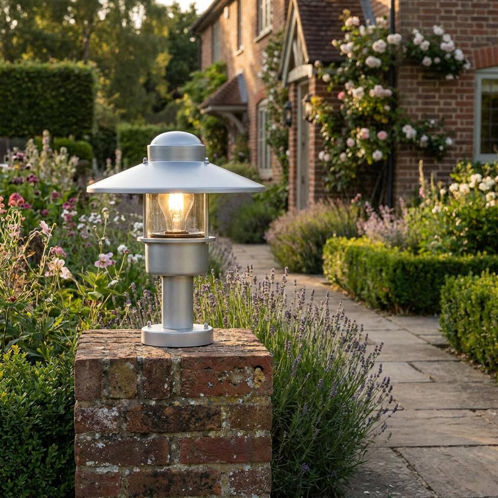 Silver bollard light mounted on a brick pillar illuminating a lush garden path.