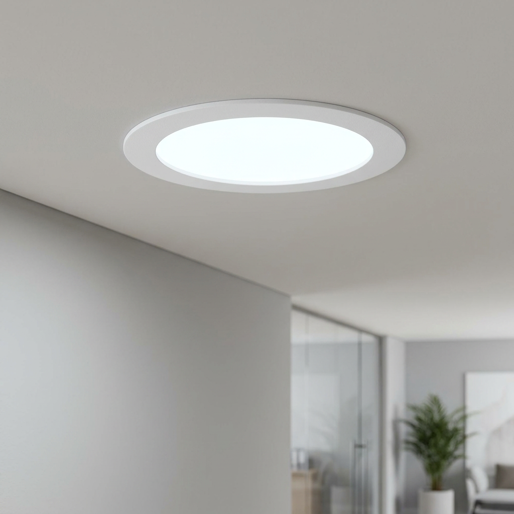 SirioDISC 12W cool white LED recessed light with a white trim mounted in a modern grey ceiling.