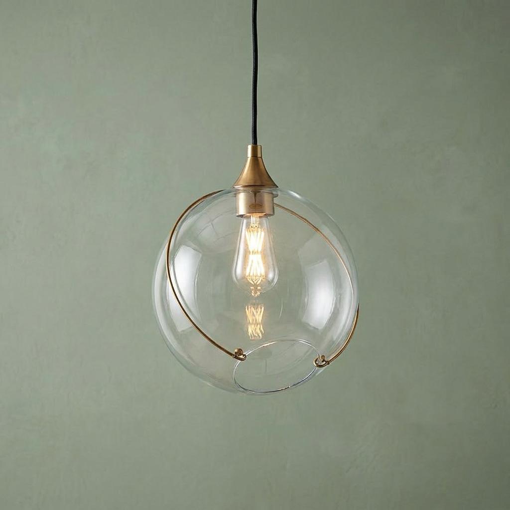 Skye 1 Light brass ceiling pendant with a clear glass globe and Edison bulb against a sage green wall.