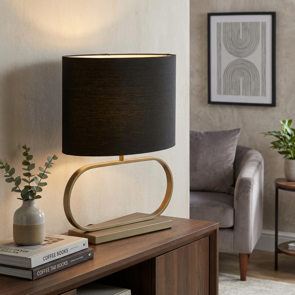 Brushed bronze table lamp with a black shade illuminating a wooden sideboard in a modern living room setting.