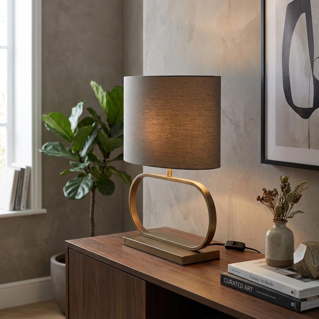 Brushed bronze table lamp with a grey fabric shade glowing on a wooden sideboard in a contemporary room.