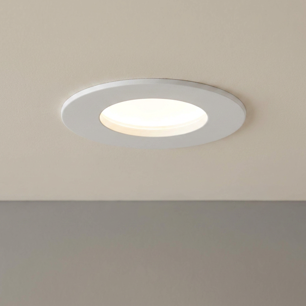 Circular white recessed LED light glowing with warm illumination on a neutral ceiling.