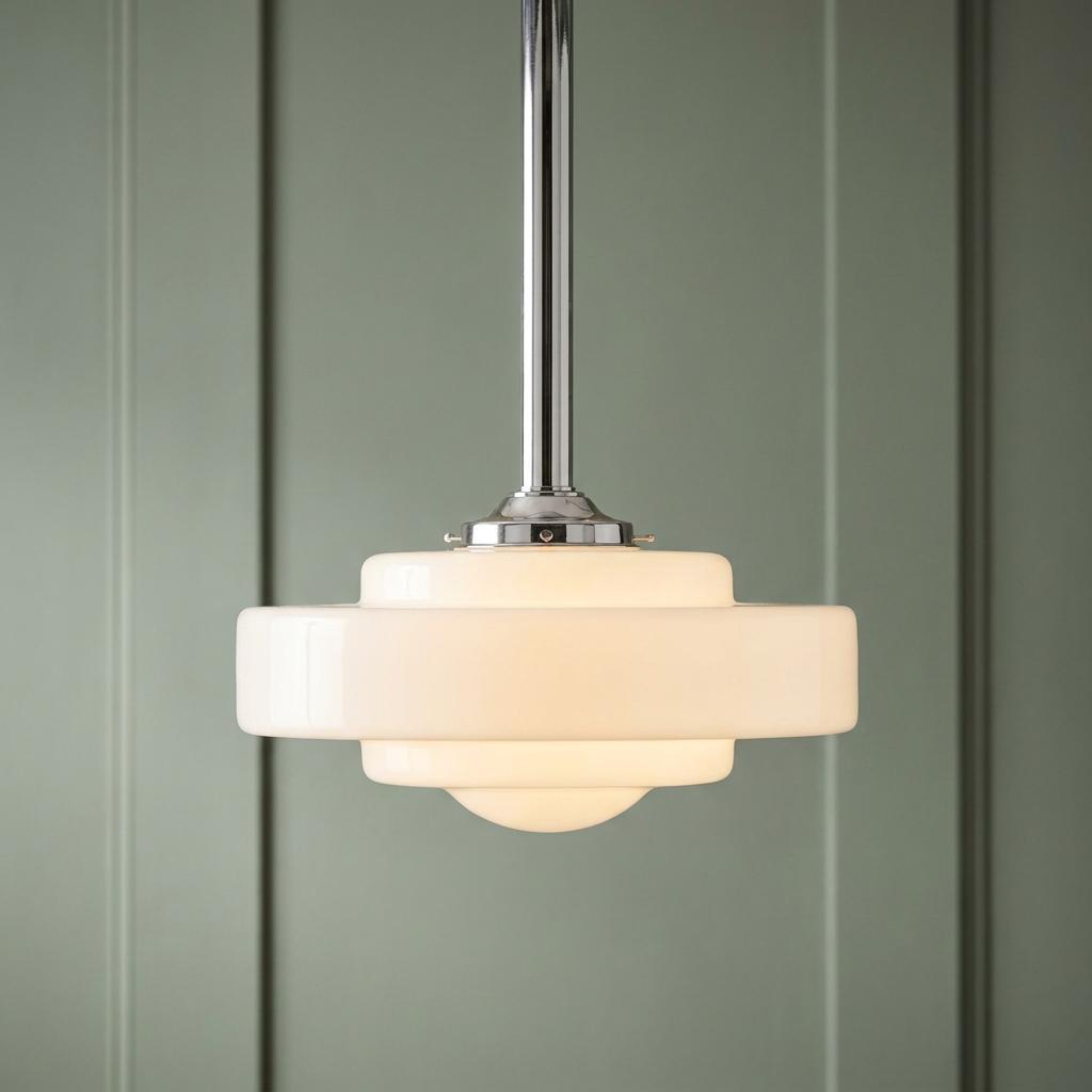 Art Deco ceiling light with a tiered opal glass shade and chrome stem against a green paneled wall.