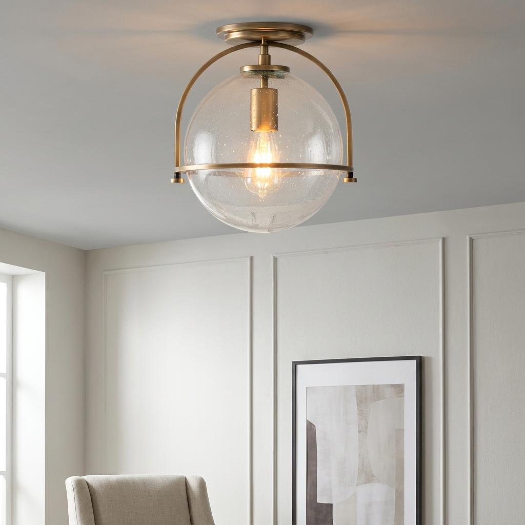 Brass flush ceiling light with a clear glass globe and arched frame, illuminated in a bright, modern room.
