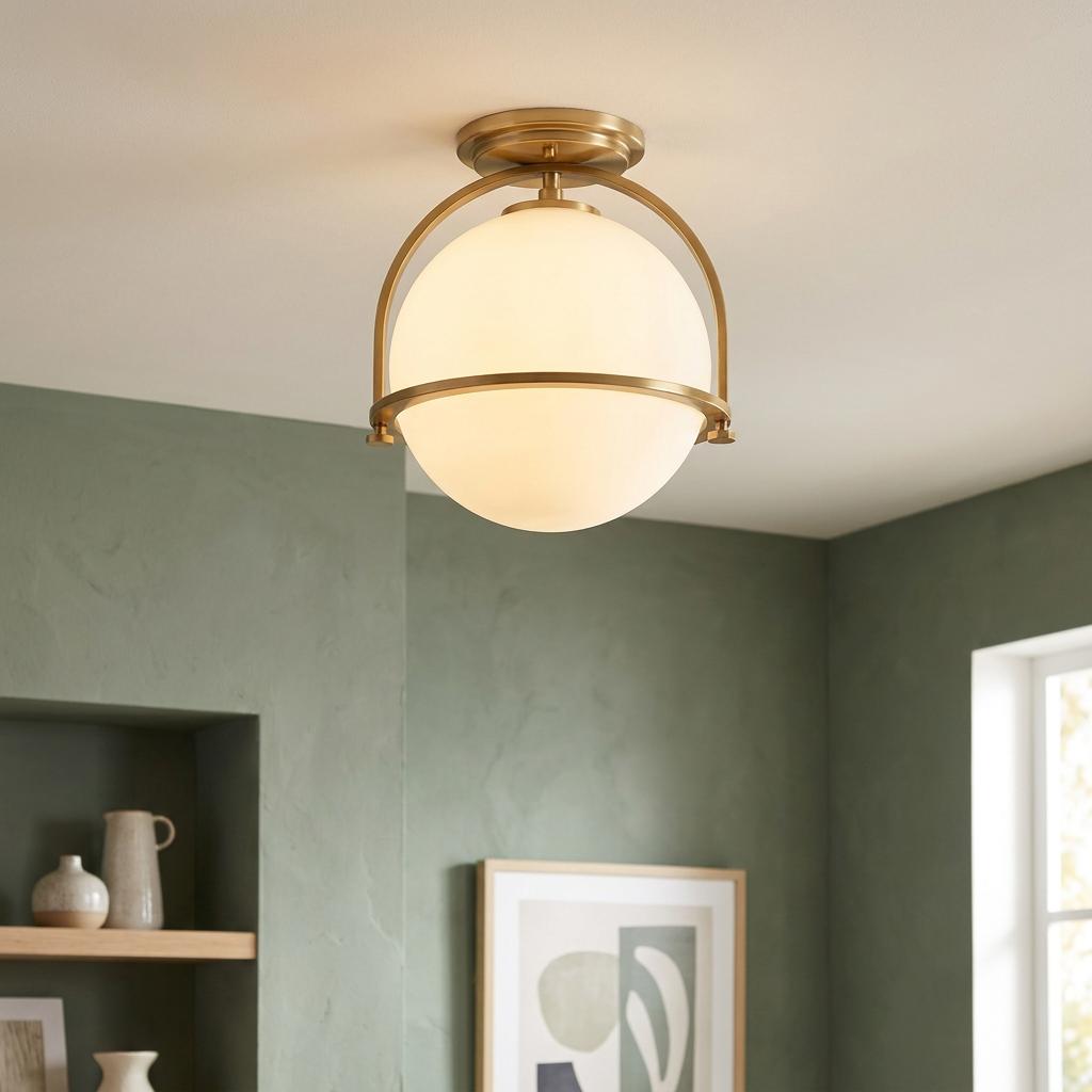 Somerset brass flush mount ceiling light with a white glass globe shade in a sage green room.