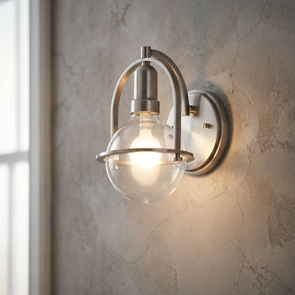 Somerset 1 light nickel wall light with a clear glass globe glowing against a textured grey wall.