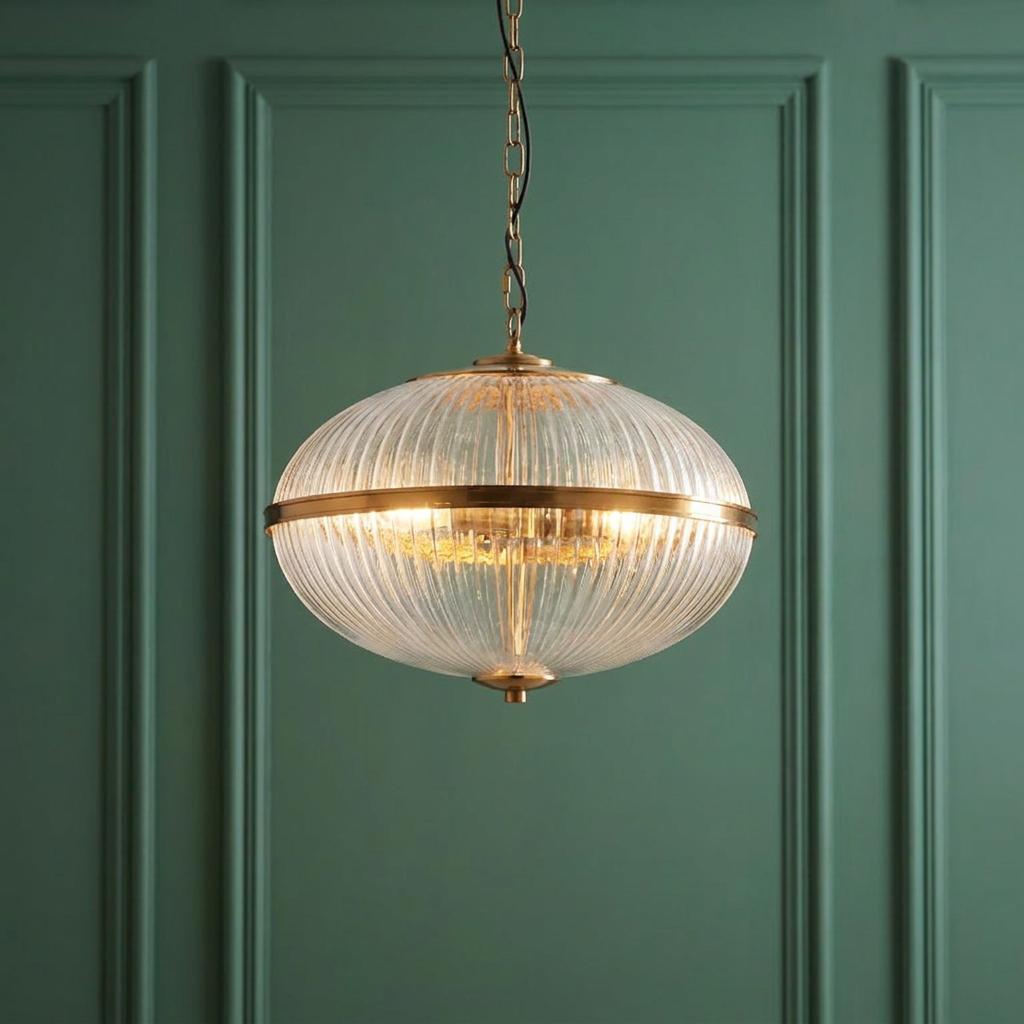 Somerset 3 Light Brass & Ribbed Glass Pendant-warehouse-180926