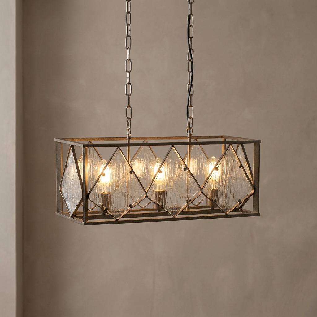 Rectangular antique silver pendant light with mottled glass panels and a geometric diamond frame.