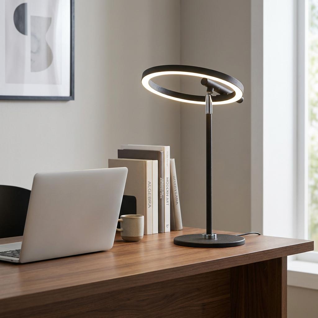 A black circular LED table lamp illuminates a wooden desk with a laptop, books, and a mug in a modern office.