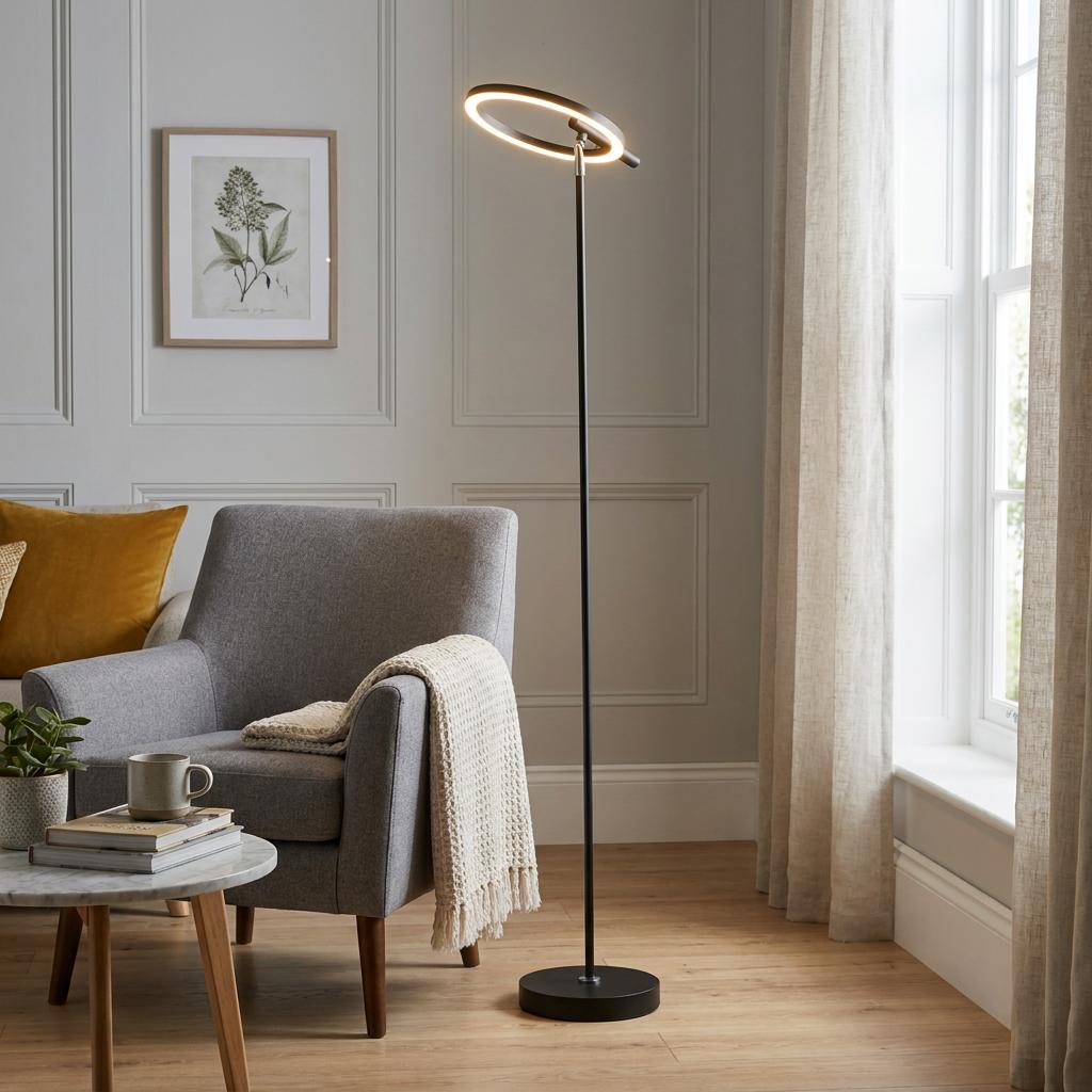 A matt black and chrome floor lamp with an integrated LED ring light, standing in a contemporary living room.
