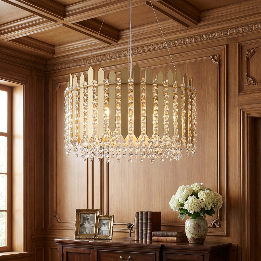Spear gold metal pendant with cascading clear crystals hanging in a room with elegant wood paneling.