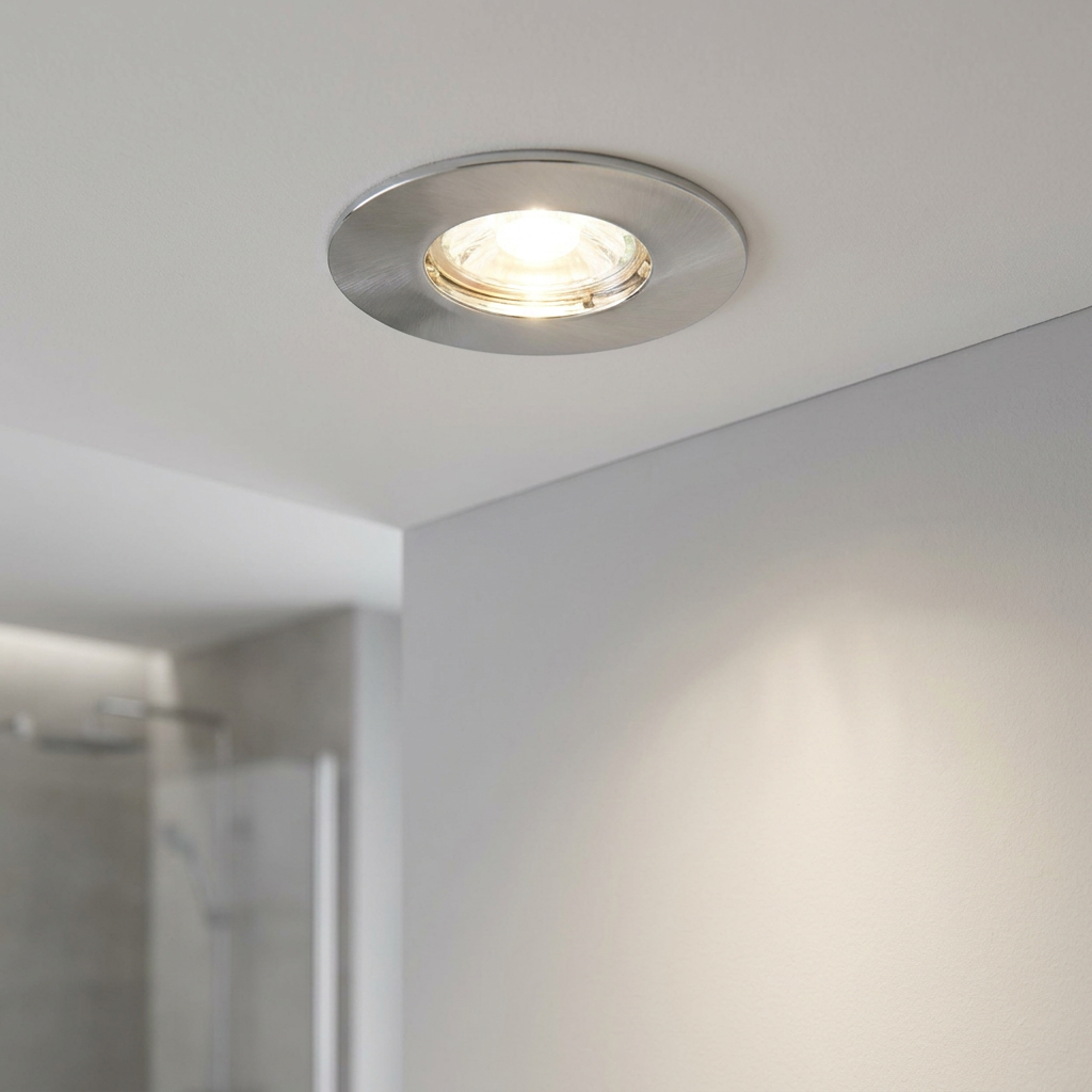 Brushed chrome recessed spotlight turned on, casting light on a white ceiling and grey wall.
