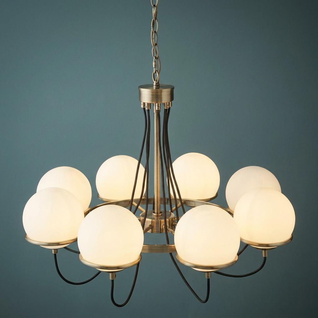 Eight-light brass pendant chandelier with glowing white glass sphere shades against a teal wall.