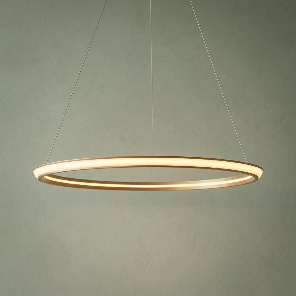 A large gold modern halo LED ceiling pendant light with a warm glow, hanging against a textured wall.
