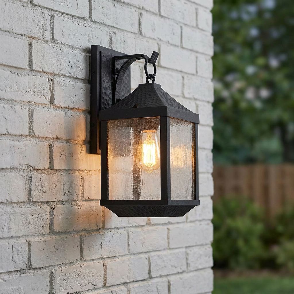 A black outdoor lantern with seeded glass panels and a warm Edison bulb, mounted on a white brick wall.