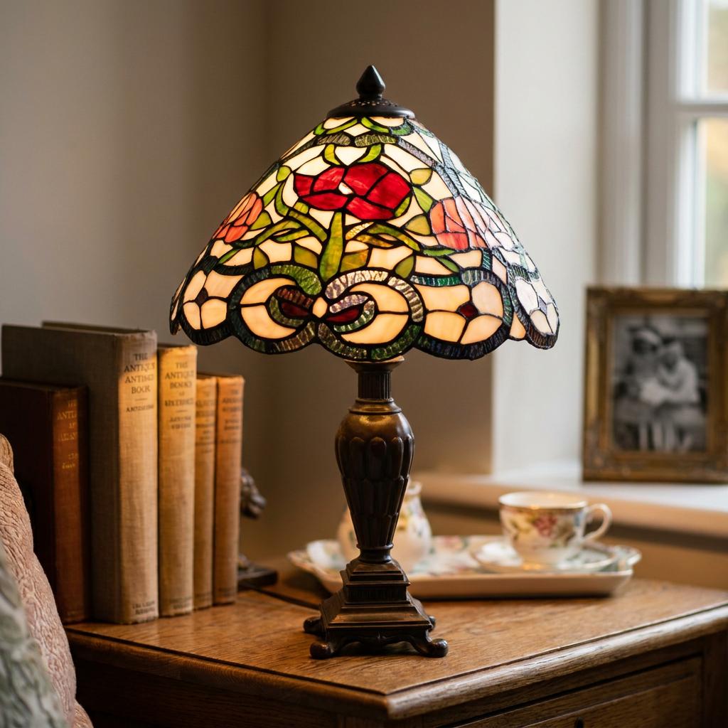 Floral Tiffany table lamp with red roses on a wooden side table next to vintage books and a teacup.