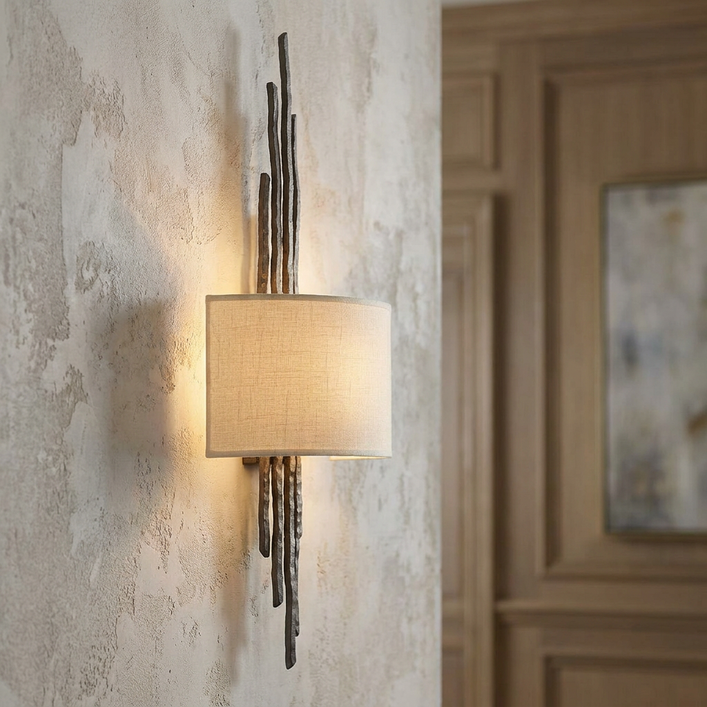 Spyre bronze wall sconce featuring vertical textured metal rods and a cream fabric shade on a plaster wall.
