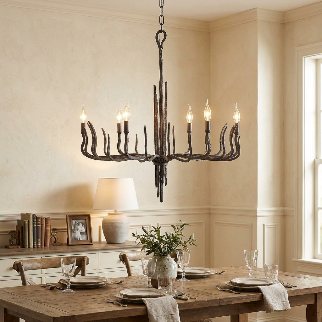 Modern bronze chandelier with six candle lights and forged branch arms hanging over a dining table.