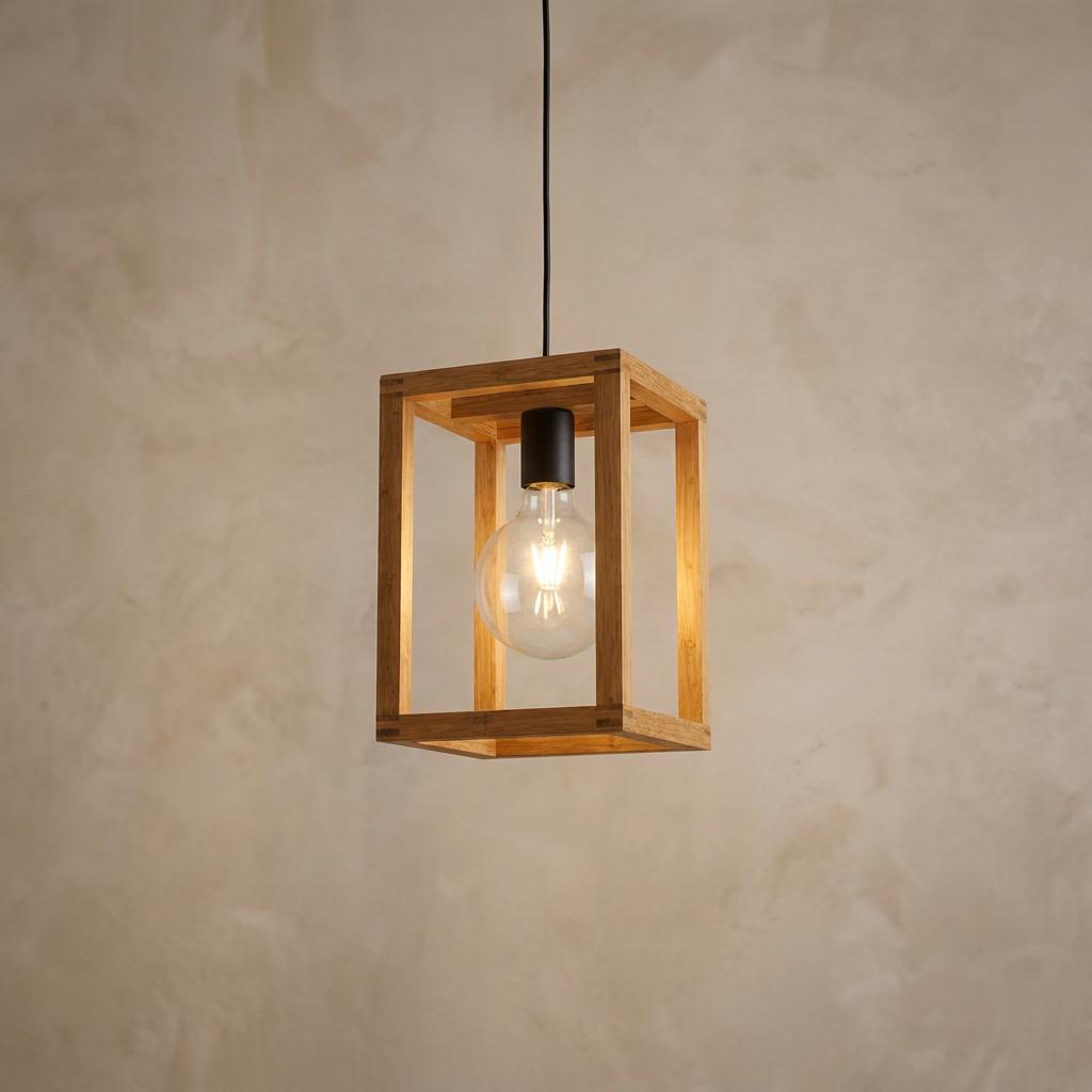 Modern square wooden cage pendant light with a glowing globe bulb against a textured beige wall.