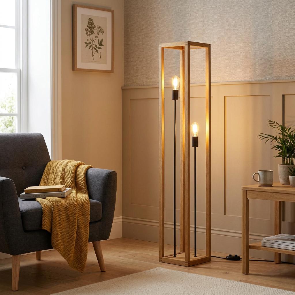 Modern square wooden floor lamp with two glowing bulbs in a cozy living room with a grey armchair.
