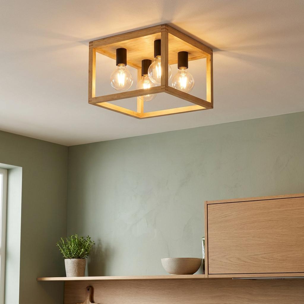 A square bamboo wood 4-light ceiling flush mount fixture with glowing bulbs, set against a sage green wall.