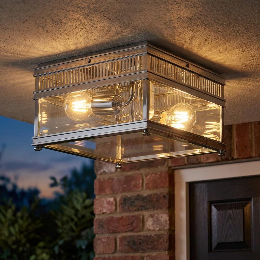 Square silver lantern ceiling light with clear glass and warm filament bulbs mounted on a porch at dusk.