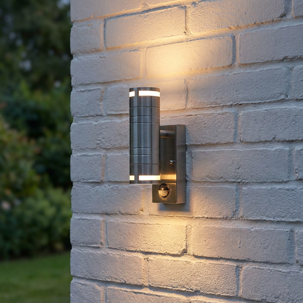 Stainless steel up and down wall light with a PIR sensor illuminates a white brick wall outdoors.