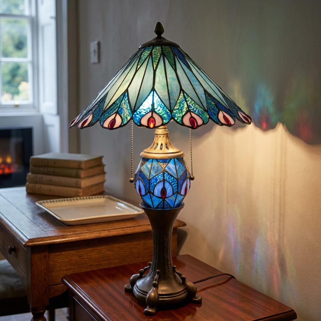 Ornate Tiffany table lamp with peacock feather shade and base, casting colorful light onto a wall in a living room.