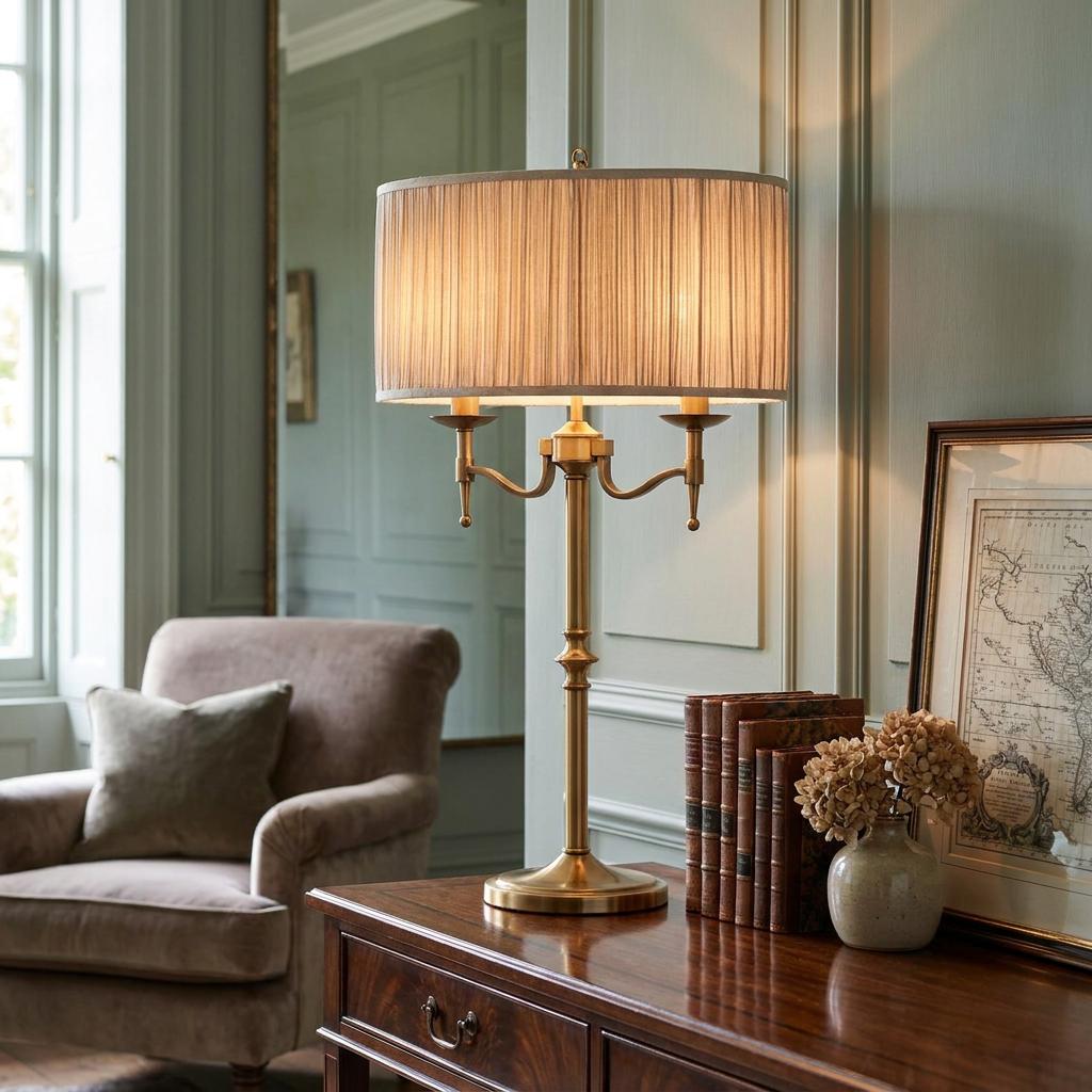 Antique brass 2-light table lamp with a beige pleated shade on a wooden desk in a classic interior.
