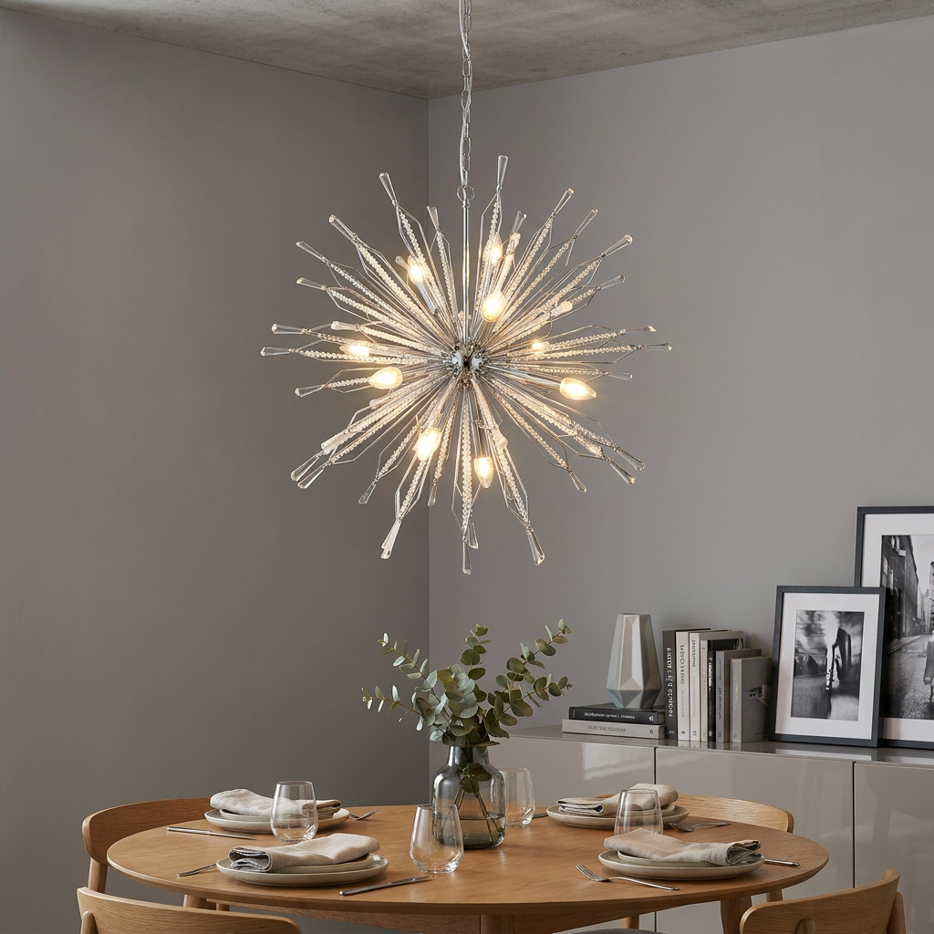Starburst chrome and crystal pendant light hanging over a round wooden dining table in a modern room.
