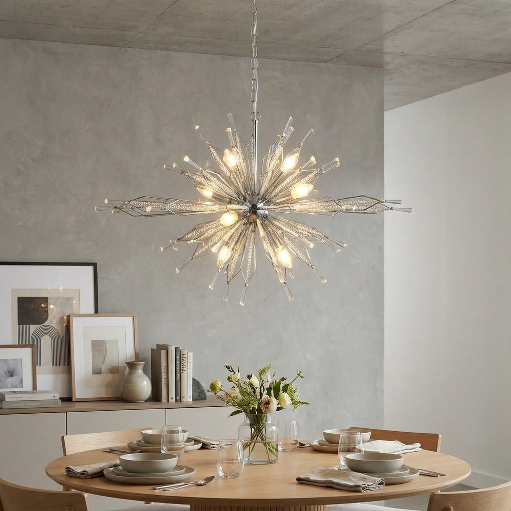 Starburst 8 light chrome and crystal glass ceiling pendant hanging over a modern wooden dining table in a grey room.