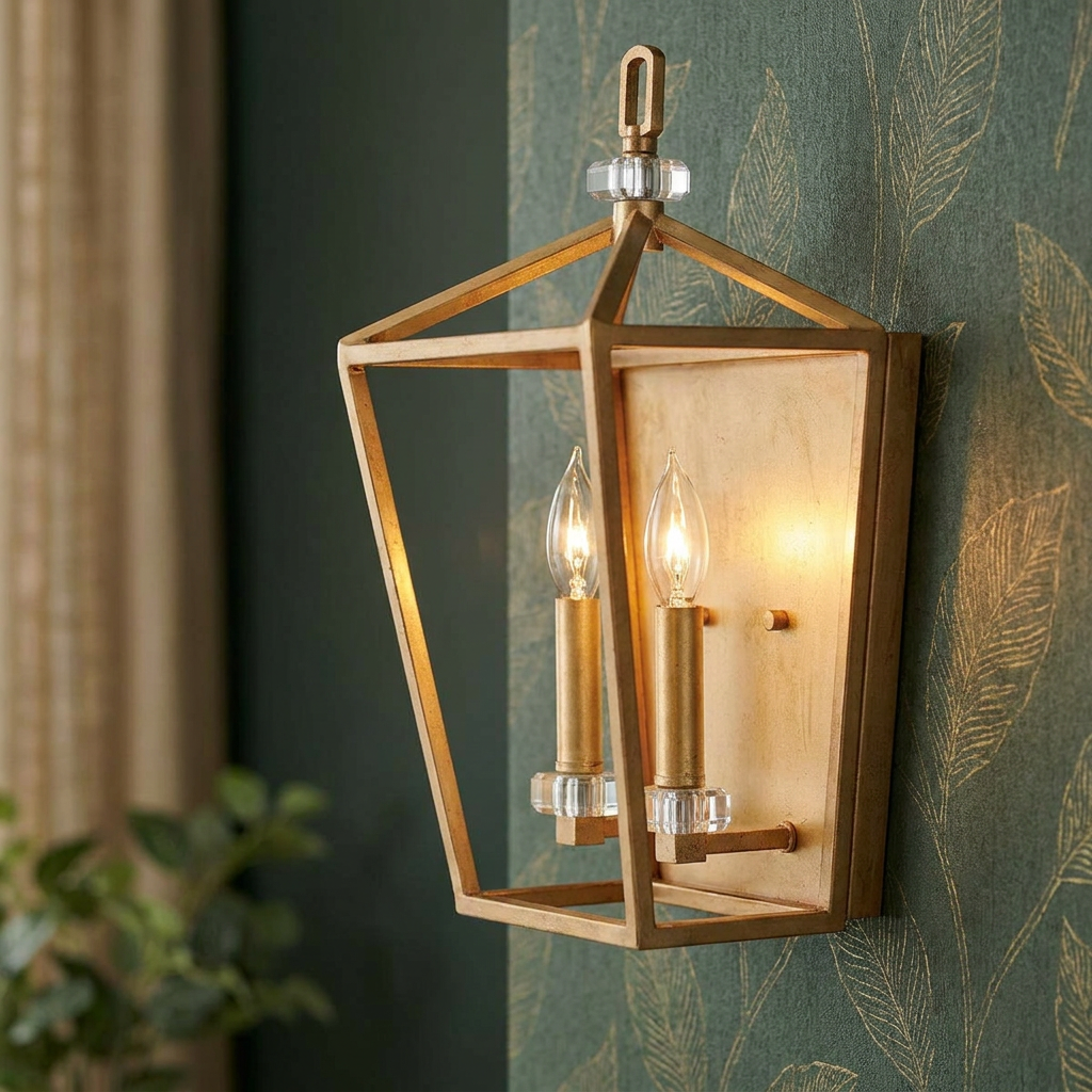 Stinson two-light brass lantern wall sconce with crystal accents mounted on leaf-patterned green wallpaper.