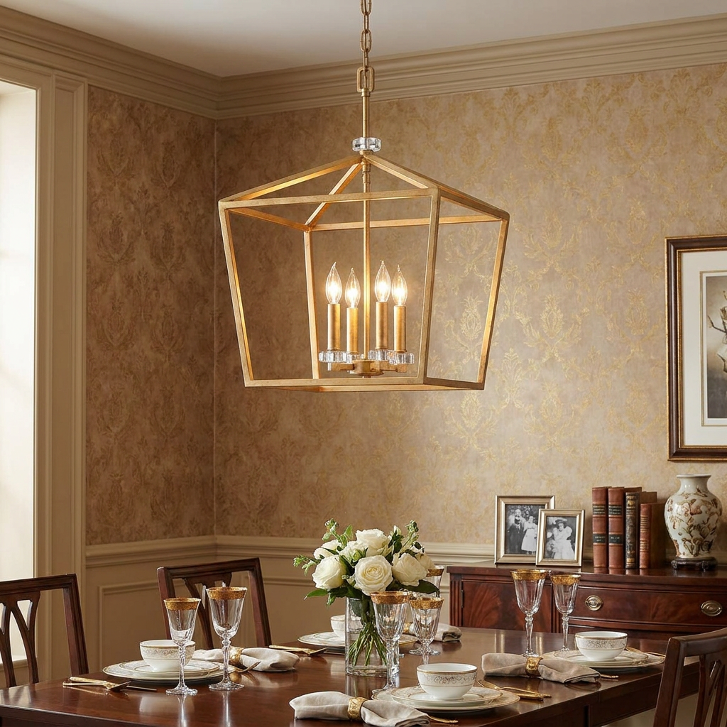 Stinson four-light brass lantern pendant over a set dining table in an elegant room with patterned gold wallpaper.