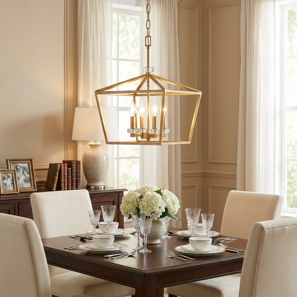Brass geometric lantern pendant hanging over a formal dining table with crystal glassware and white hydrangeas.