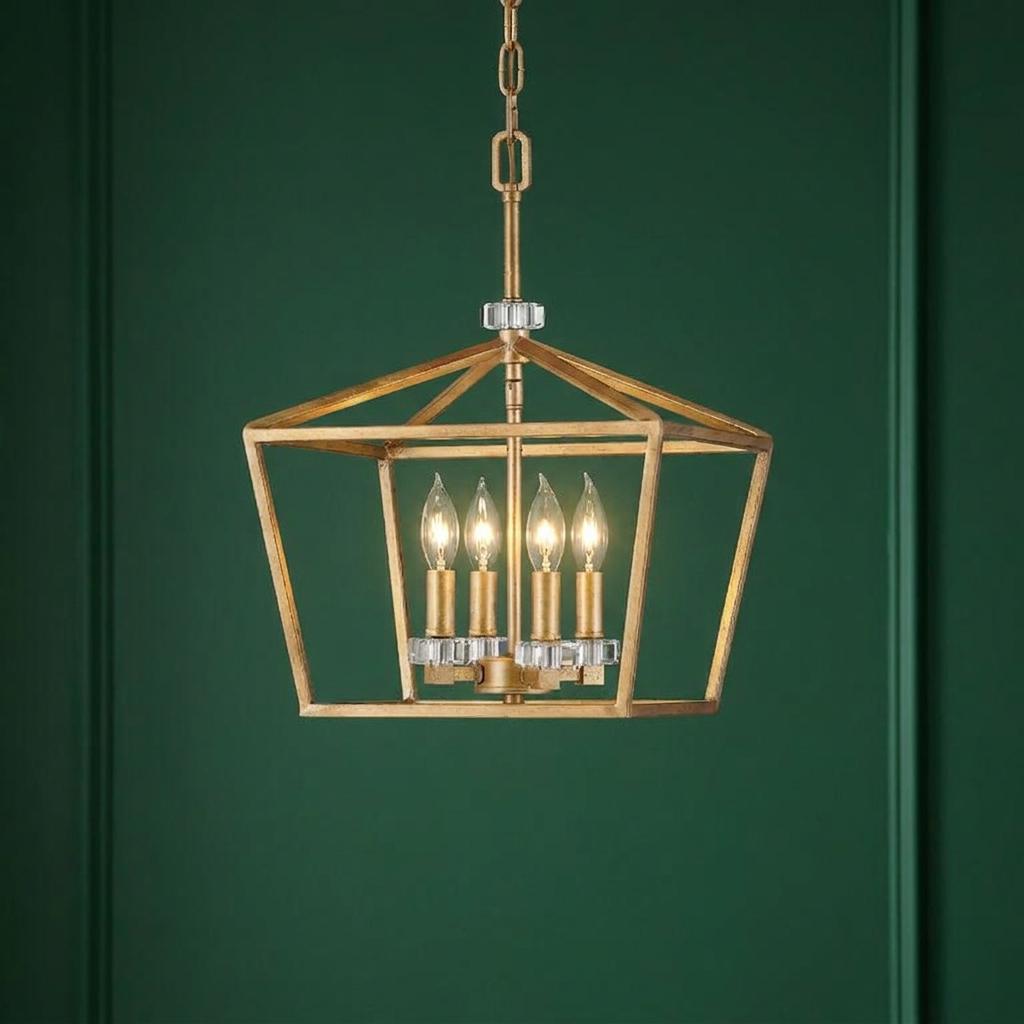 A brass lantern-style pendant light with four candle bulbs, hanging against a deep green panelled wall.