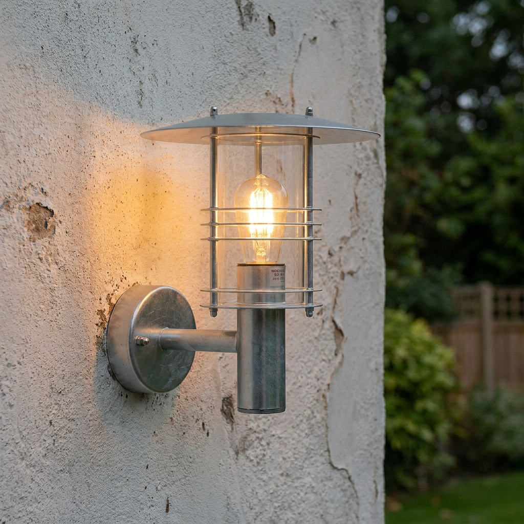 Stockholm Large Galvanised Steel Outdoor Wall Light with a lit filament bulb on a weathered exterior wall.